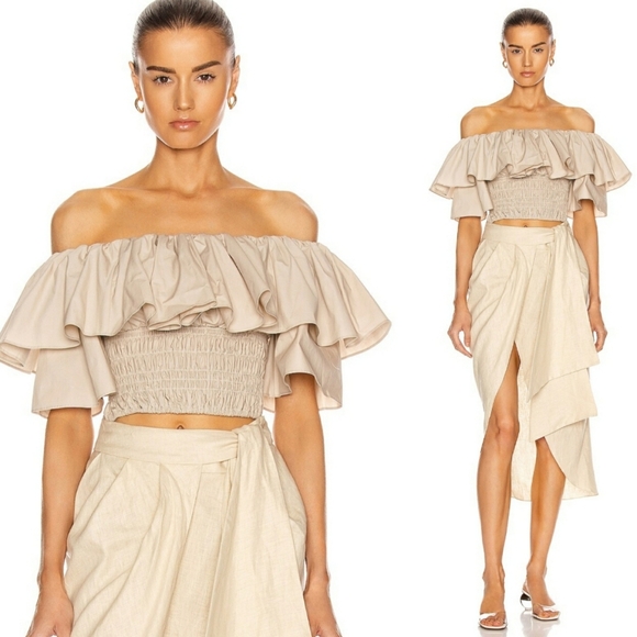 SELF-PORTRAIT- Ruffle Off Shoulder Cotton Poplin Top - Picture 1 of 15